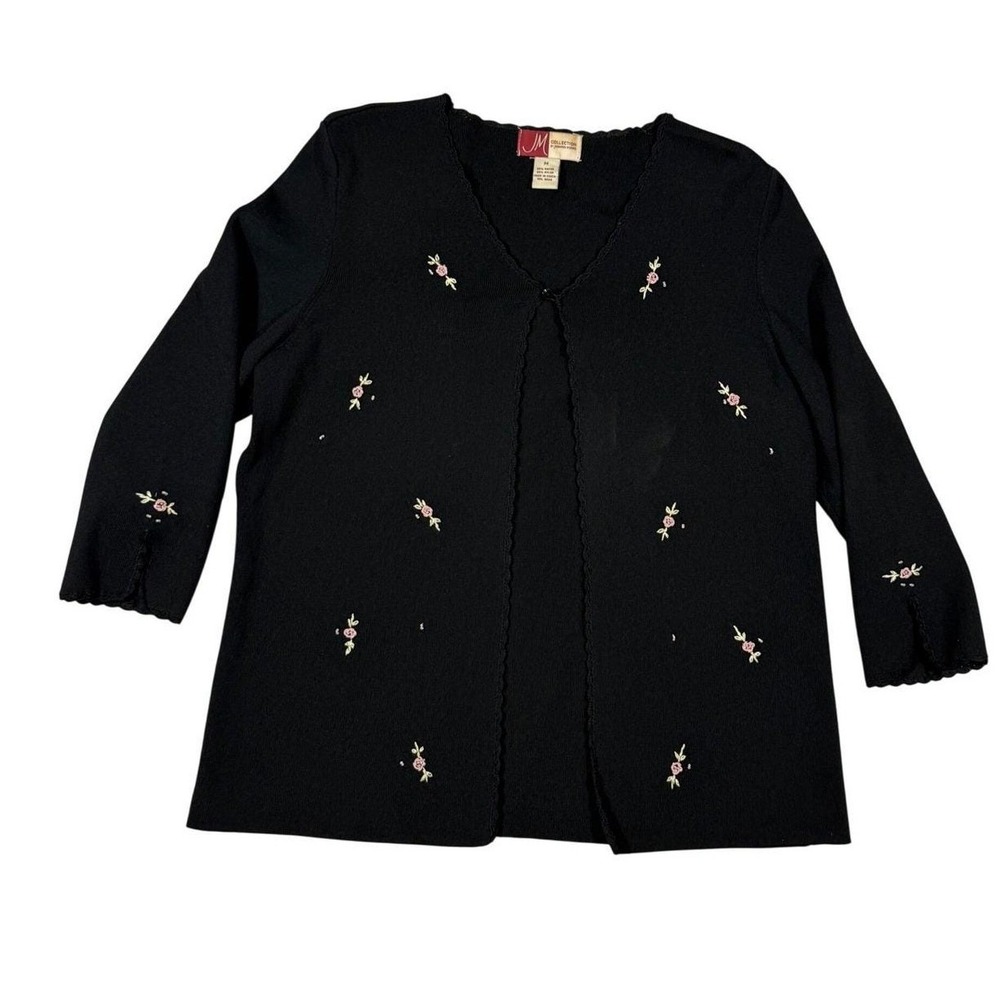 VTG‎ JM Collection Floral Cardigan Womens Med Black Embroidered Cottagecore 90s